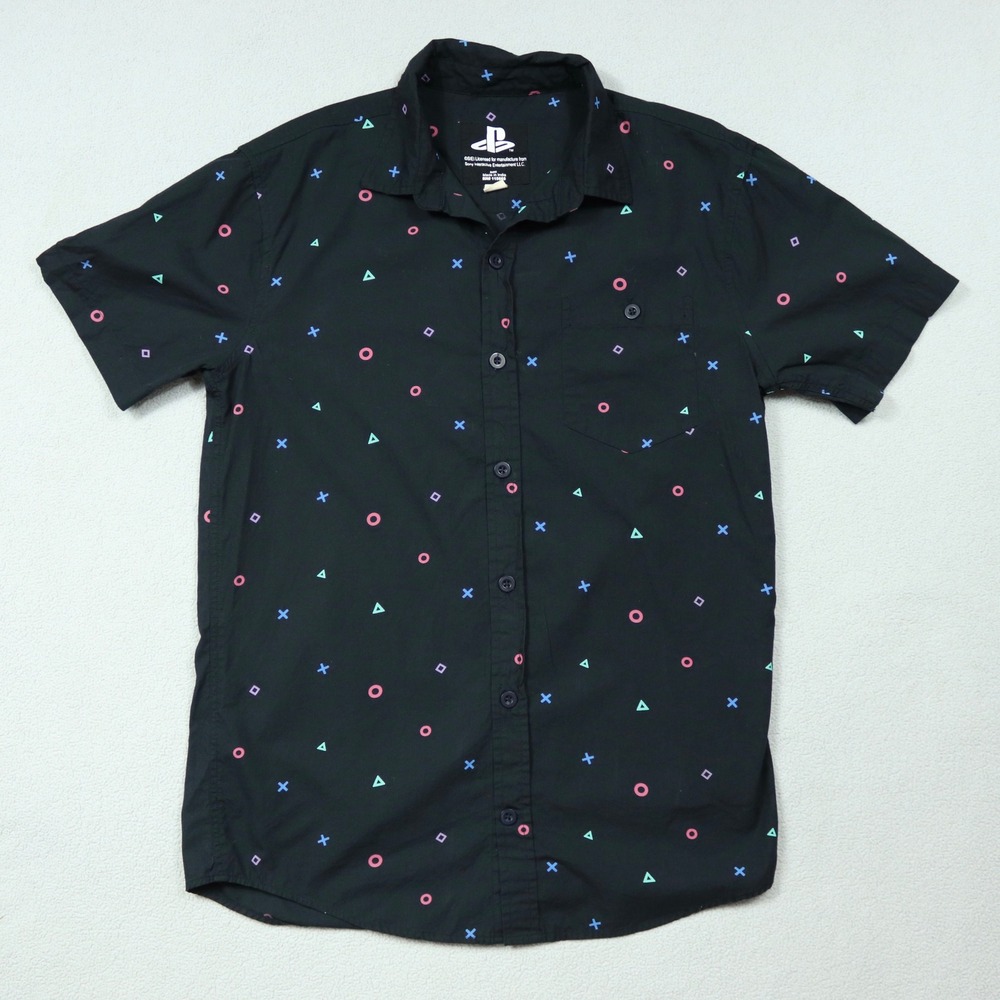 Sony PlayStation Symbol Men's Medium Black Gamer Graphic Print Button Up Shirt